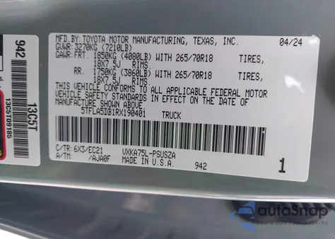 2024 Toyota Tundra Sr5 4Wd from USA, damaged, VIN 5TFLA5DB1RX190401